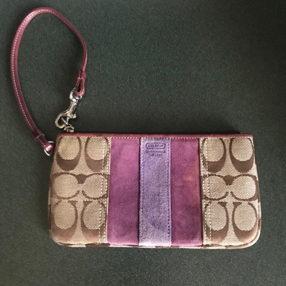 Coach Khaki/Purple Canvas Leather Suede Wristlet - Picture 4 of 16